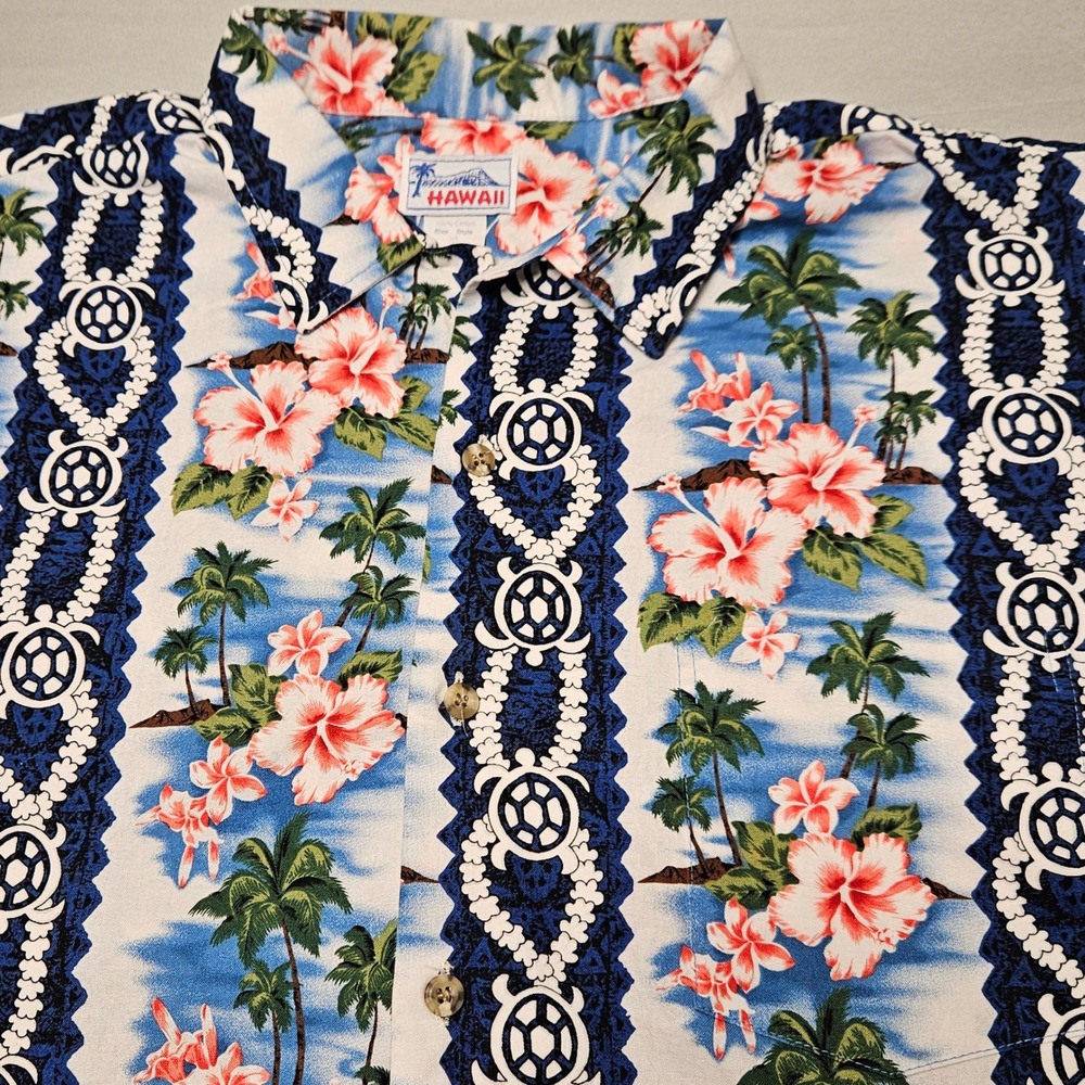 Hawaii Aloha Shirt Mens XL Blue Tropical Hibiscus Sea Turtle Cotton Made in USA
